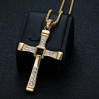 Kalung Salib Fast and Furious Berbahan Zirkon, Perhiasan Kristen Religius, Lapis Emas 18K, Baja Anti Karat, Liontin untuk Pria, Cocok untuk Pesta