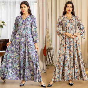 Ramadan Eid Dubai Abaya Islam Muslim Dress Flower Print V Neck for Women Kaftan Daily Casual Wear Loose Dress Abaya Muslim