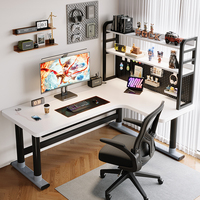 Bureau d'ordinateur d'angle en bois massif en forme de L avec étagère intégrée pour bureau à domicile, chambre de jeu ou bureau double
