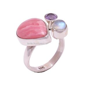 925 bague en argent massif rhodochrosite naturelle améthyste arc-en-ciel pierre de lune bijoux uniques avec réglage de lunette exportation directe - Product Image 1