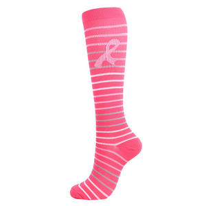 Calcetines <span class=keywords><strong>de</strong></span> Concientización sobre el Cáncer <span class=keywords><strong>de</strong></span> Mama, Calcetines <span class=keywords><strong>de</strong></span> Compresión con Lazo Rosa sobre la Pantorrilla para Mujer, Calcetines Deportivos - Product Image 3