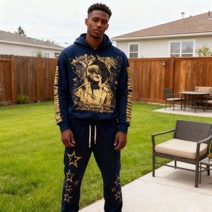 Conjuntos de Hip Hop Personalizados de 2 Piezas para Hombre, Sudaderas con Capucha, Pantalones Deportivos con Cordones, Sudadera con Estampado DTG, Chándal Lavado con Efecto Desgastado por el Sol para Hombre - Product Image 2