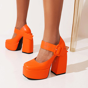 Chaussures à plateforme orange pour femmes, talons épais sexy pour femmes - Product Image 1