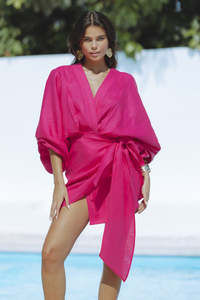 Nhà Máy Giá Bán Buôn Mùa Hè Giản Dị Sexy V Cổ Dài Tay Áo Không Đối Xứng Thiết Kế Phụ Nữ Kỳ Nghỉ Mặc Màu Tím Linen Ăn Mặc - Product Image 5