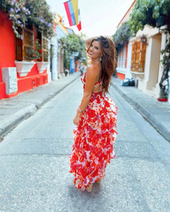 Chic Ladies Beachwear Backless <strong>Long</strong> <strong>Slip</strong> Dress Latest Blue Floral Print Chiffon Dress - Product Image 5