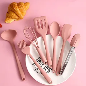 Manjia Pink Silikon Dapur Memasak Kue Pastry BBQ Alat Set Slotted Turner Penjepit Kocokan Tidak Lengket Sendok Pengikis Pengocok Telur