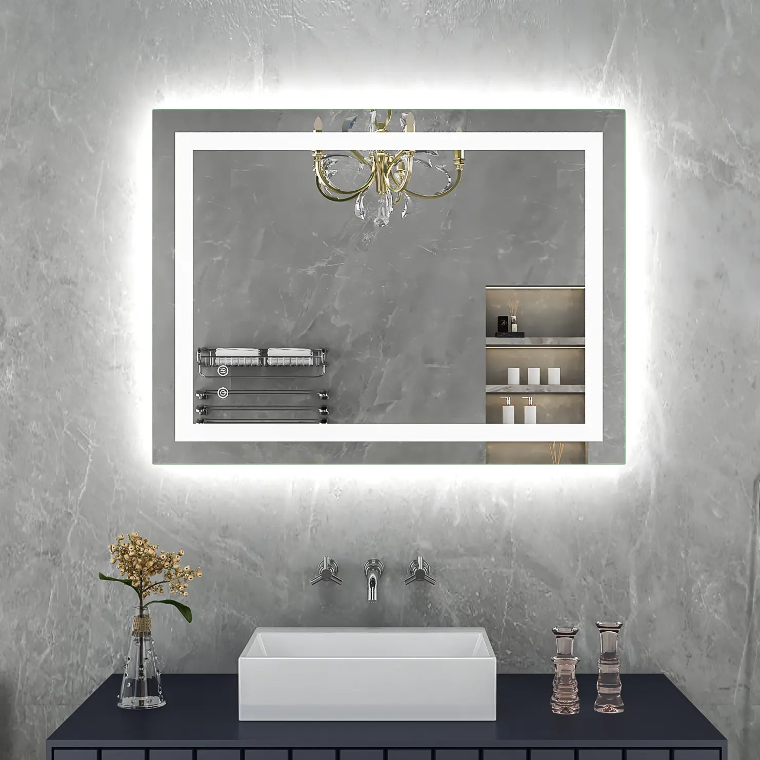 Luxury Washing Room Rectangle Large Illuminate Mirror Wall Mounted Defogger Smart Bathroom Mirror