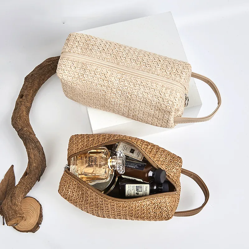 Bolsa de maquiagem de beleza de cânhamo orgânico de palha PP de promoção, sacola de cosméticos para viagem, portátil de grande capacidade, tecido de grama
