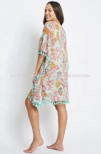 Robe Kaftan en Chiffon Imprimé Floral Grande Taille pour Femme, Bordure à Pompons, Style Bohème Ample, Mini, Sans Manches, Col en V, Taille Naturelle, Décontractée d'Été - Product Image 2