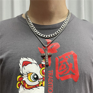 Stainless Steel <b>Cross</b> Pendant Necklace For Men Geometric Design Pave Setting 12081 - Product Image 3