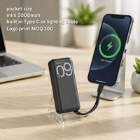 Batterie externe portable mini 5000 mAh avec câble intégré, charge sans fil, utilisation en extérieur, charge rapide USB Type-C