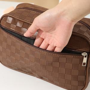 Grid Leather Zipper <b>Pouch</b> Shaving Dopp Kit <b>Mens</b> Travel Toiletry <b>Bag</b> PU Business Cosmetic <b>Bag</b> A-2657 - Product Image 5