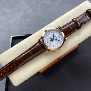 Montre automatique de luxe pour homme, boîtier en or rose, cadran argenté, aiguilles bleues, calendrier annuel, phase de lune, bracelet en cuir - Product Image 2