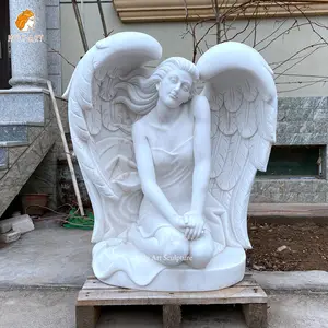 Escultura de piedra natural de tamaño natural tallada a mano Ángel en estatua de mármol
