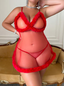 162S 2 buah set lingerie XXXXL pakaian dalam wanita renda jaring tipis bulu merah muda lingerie babydoll wanita jubah transparan 2024 seksi femme - Product Image 6
