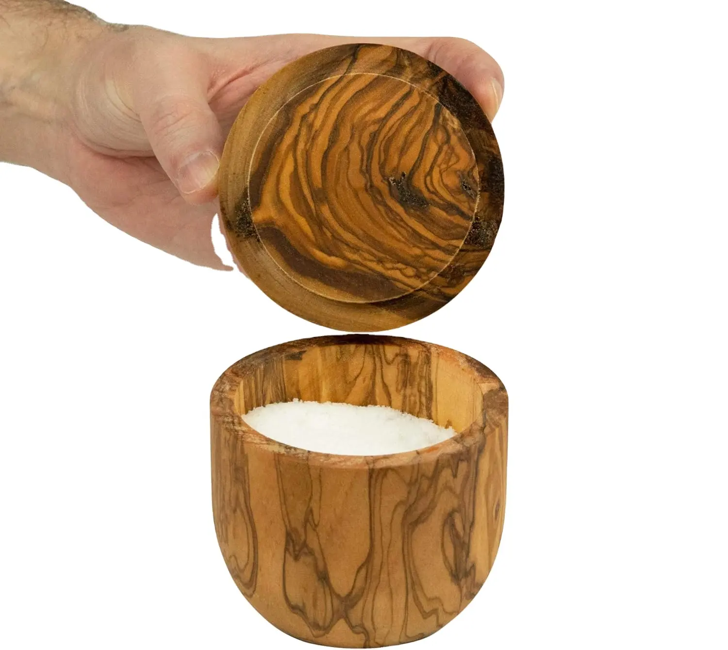 गोल जैतून के लकड़ी के नमक के बक्से के साथ चारों ओर जैतून के लकड़ी के नमक का सेलर