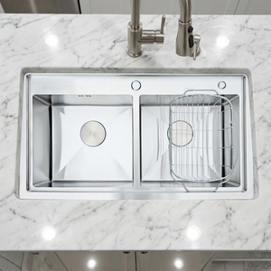 Évier double encastré en acier inoxydable brossé fait main pour salle de bain, avec épaisseur personnalisée et design moderne - Product Image 5