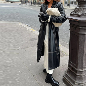 Personalizzato <span class=keywords><strong>nero</strong></span> lungo cappotto in <span class=keywords><strong>ecopelle</strong></span> cintura in <span class=keywords><strong>ecopelle</strong></span> <span class=keywords><strong>Trench</strong></span> Oversize lungo <span class=keywords><strong>Trench</strong></span> donna - Product Image 4