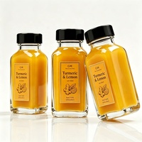 Bouteille en verre carrée de 60 ml (2 oz) pour échantillons, boissons au curcuma, jus, avec couvercle en plastique