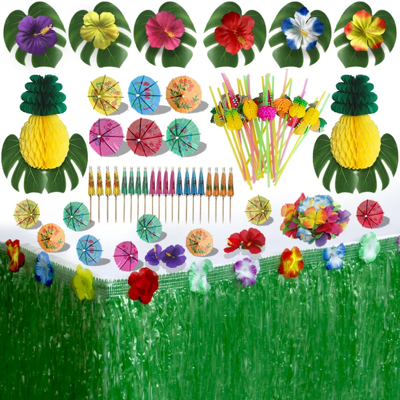 Luau Rok Meja Rumput dengan Sedotan Karangan Bunga Hawaii dan Daun Palem untuk Luau Set Dekorasi Pesta Hawaii