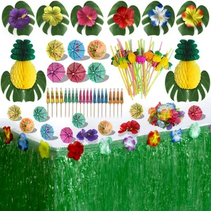 Luau 잔디 테이블 스커트 하와이 화환 빨대 하와이 꽃과 팜 잎 Luau 하와이 파티 장식 세트