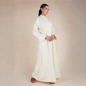 Col mandarin <span class=keywords><strong>décolleté</strong></span> structuré manchette évasée manches cloche Maxi plis coton blanc robes modestes - Product Image 4