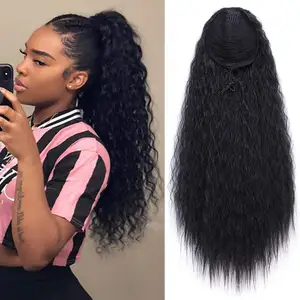 Extensão de cabelo sintético, tira de borracha de cordão, rabo de cavalo encaracolado com clipes 22 polegadas reto afro rabo de cavalo encaracolado extensões de cabelo sintético