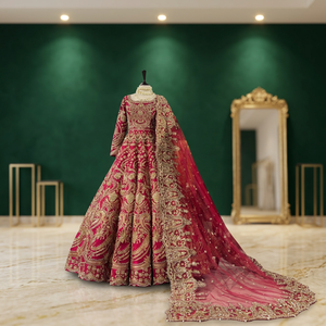 Luxurious Red Embroidered Georgette Ball Bridle Gown Dress With Jewel Neck Full Sleeve And Beading For <b>Wedding</b> Occasion - Product Image 1