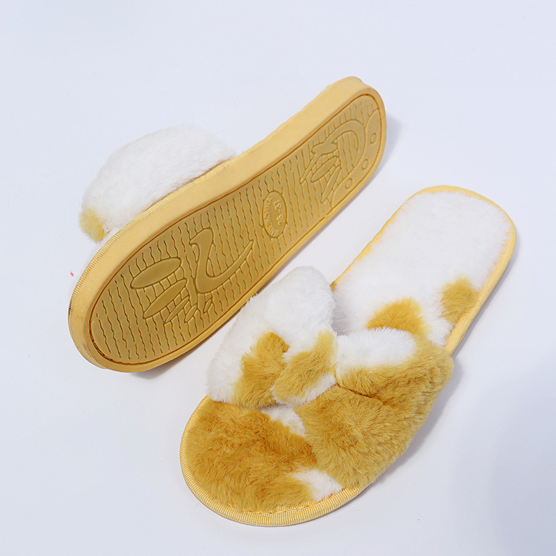 Fashion Furry Slippers Women Flat Bottom Outdoor Bow Plush Slippers Sandals