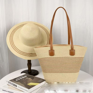 IStapromo Gifts High Quantity Custom Summer Beach Strip <b>Sun</b> <b>Shade</b> Wide Brim Straw Hat One Shoulder Underarm Bag Set - Product Image 4