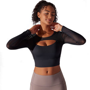Translucent Mesh Yoga <b>Top</b> with Double Stitching Long-sleeved and <b>Tight</b>-<b>fitting</b> Sexy Design Full Women Crew Neck Tank 220 Grams - Product Image 5
