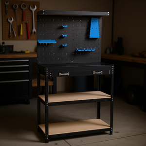 Banc de travail avec panneau perforé et 1 tiroir pour rangement d'outils, organisation de garage en acier - Product Image 2