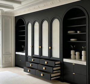 Armoire de luxe noire mate - Panneau arqué et verre dépoli, éclairage LED, zone de toilette intégrée pour un dressing moderne - Product Image 2