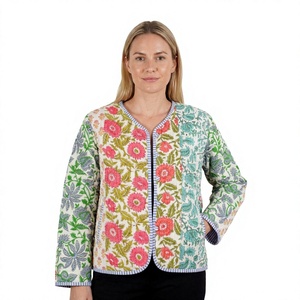 Chaqueta Acolchada de Algodón con Estampado Floral para Mujer, Manga Larga, Cuello en V, Bordado, Estilo Elegante de Primavera - Product Image 1