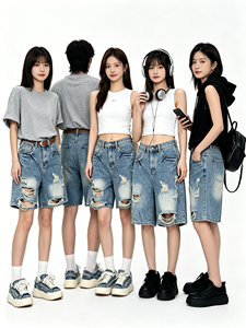 Shorts in Denim Americano Retrò Effetto Usurato da <span class=keywords><strong>Donna</strong></span>, Pantaloni a Gamba Larga Strappati a Vita Alta Stile Y2K, <span class=keywords><strong>Jeans</strong></span> Casual Estivi - Product Image 1