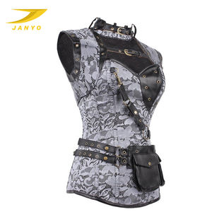 Retro Women <strong>Clothing</strong> Brown <strong>Steam</strong> <strong>Punk</strong> Brocade Bustier Corset With Jacket and Detachable Pocket - Product Image 3