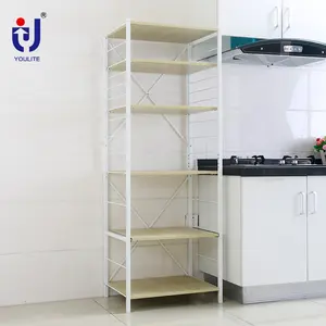 وحدة أرفف للتخزين, وحدة أرفف للتخزين ذات جدار معدني أبيض زاوية خشبية للمطبخ من 6 طبقات