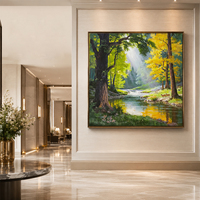 Peinture à l'huile peinte à la main Rayons de soleil lumineux de la forêt Cerf Rivière Lumière dorée Rayons crépusculaires Scène forestière Toile Art mural
