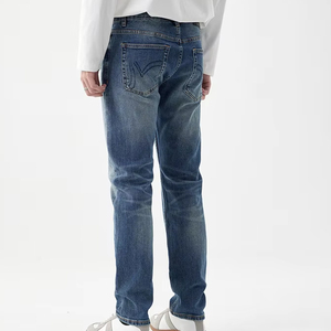 <span class=keywords><strong>Jeans</strong></span> pour hommes en denim bleu foncé, style urbain décontracté, dégradé vintage, taille mi-haute, coupe droite ample, avec logo personnalisé - Product Image 4