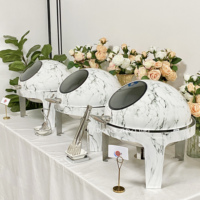 Peralatan Buffet Mewah dari Stainless Steel Emas dengan Wadah Kaca, Set Chafing Dish Roll Top Hidrolik, Penghangat Makanan untuk Katering