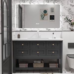 Tocador de baño de roble todo en uno con tablero de <span class=keywords><strong>roca</strong></span> <span class=keywords><strong>Retro</strong></span> francés, <span class=keywords><strong>lavabo</strong></span> de piso a piso de MDF de cerámica moderna, combinación de inodoro - Product Image 1
