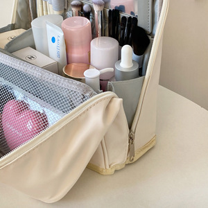 Fuhun Cosmetic Organizer Bag Large Capacity PU Zipper Closure Travel <b>Makeup</b> Storage <b>Case</b> With Mirror And Phone Holder - Product Image 3