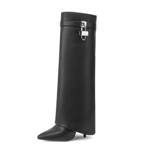Metal Lock Thin High Heels <b>Pointed</b> Toe Overlay Shoes Dress Stiletto Pants Boots Women's Folded Over Knee High Booties - Product Image 4