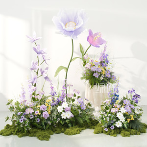 Arrangement floral artificiel Hy-Dt4, violet et blanc, style jardin Monet, combinaison de plantes décoratives d'intérieur, ornement - Product Image 1