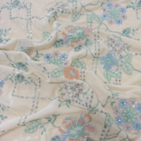 Tela de Terciopelo Elástica Bordada con Lentejuelas Florales en Color Pastel Macaron, Estilo Vintage Campestre, Bordado Completo, para Bodas de Otoño