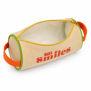 Custom Logo Canvas Cylindrical Pencil Case with Handle, Colorblock Zipper Cosmetic <b>Bag</b> for School Travel and Daily Storage - Product Image 1