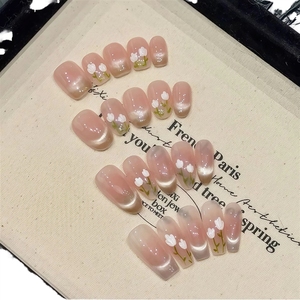 Faux ongles à presser effet œil de chat tulipe cristal, style printemps, faits main, dégradé doux rose nude, 10 pièces, vente en gros - Product Image 1