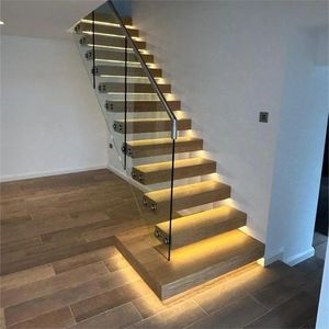 Escalera Recta para Villa, Escalera Flotante Moderna de Madera <span class=keywords><strong>con</strong></span> Iluminación <span class=keywords><strong>LED</strong></span>, Pasamanos de Vidrio Templado y Metal Resistente, Peldaños de Madera - Product Image 4