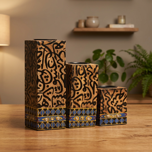 Quemador de incienso de sándalo hecho a mano con caligrafía negra y diseño geométrico azul para un aroma aromático en el hogar - Product Image 1