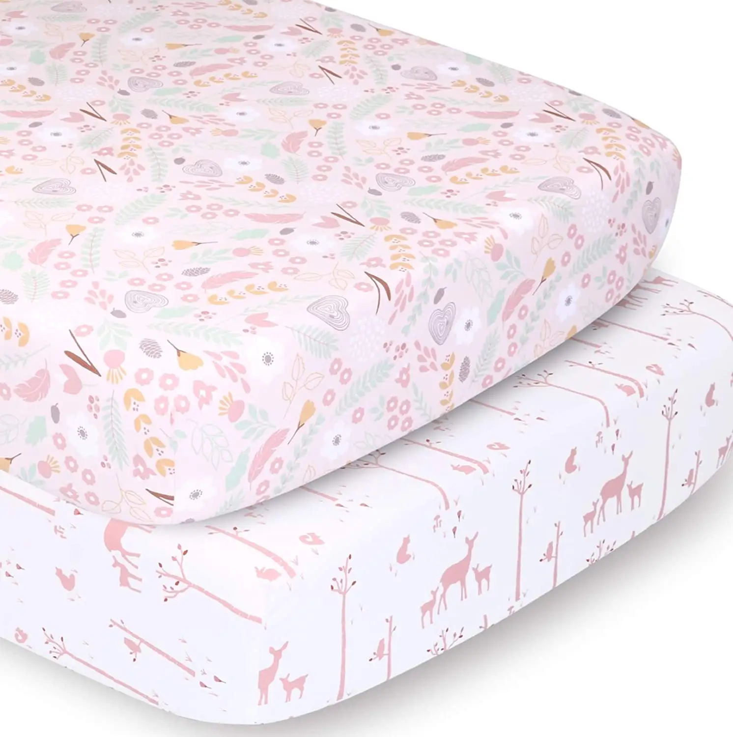 Ultra Soft microfiber Pink Floral and Woodland Animals 2pcs crib sheet set for baby girls